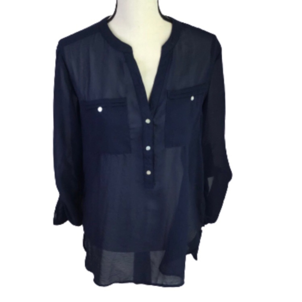 Apt. 9 Navy Sheer Roll Tab Sleeve Popover Medium